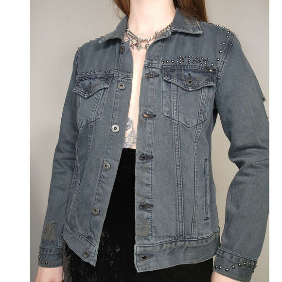 Lucky Brand Distressed Punk Rock Stay Reckless Studded Dark Denim Jacket Sz Med - Picture 2 of 9